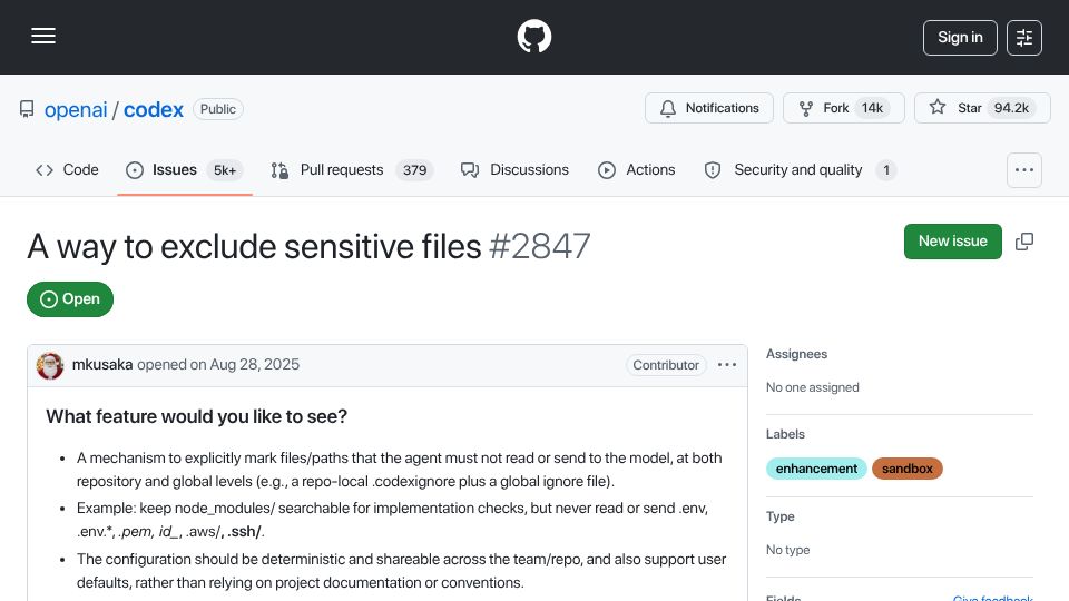Screenshot of github.com: A way to exclude sensitive files issue still open for OpenAI Codex