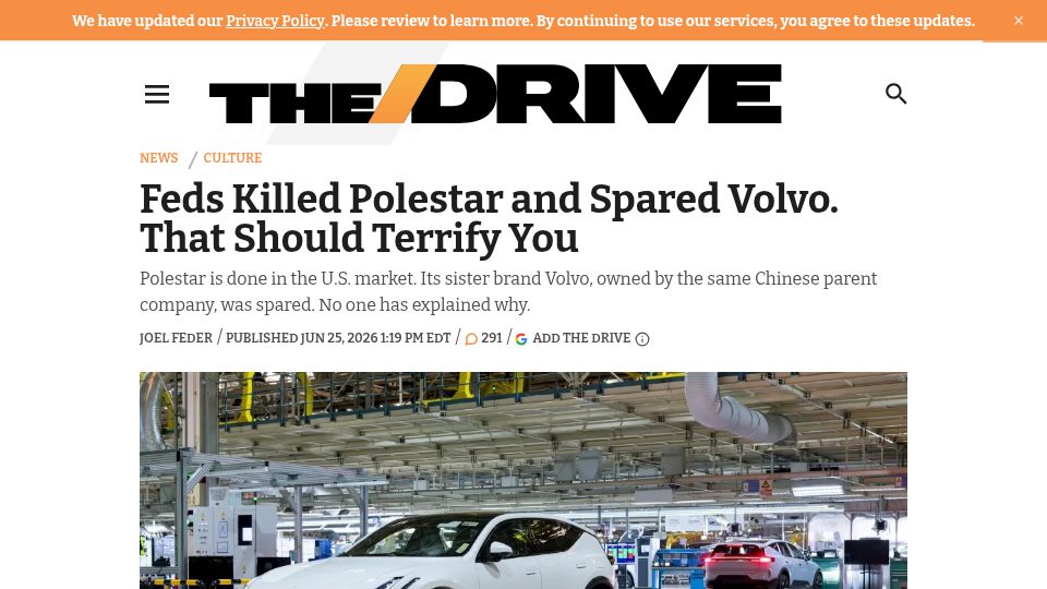 Screenshot of thedrive.com: Feds Killed Polestar and Spared Volvo
