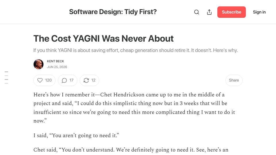 Screenshot of newsletter.kentbeck.com: The cost YAGNI was never about