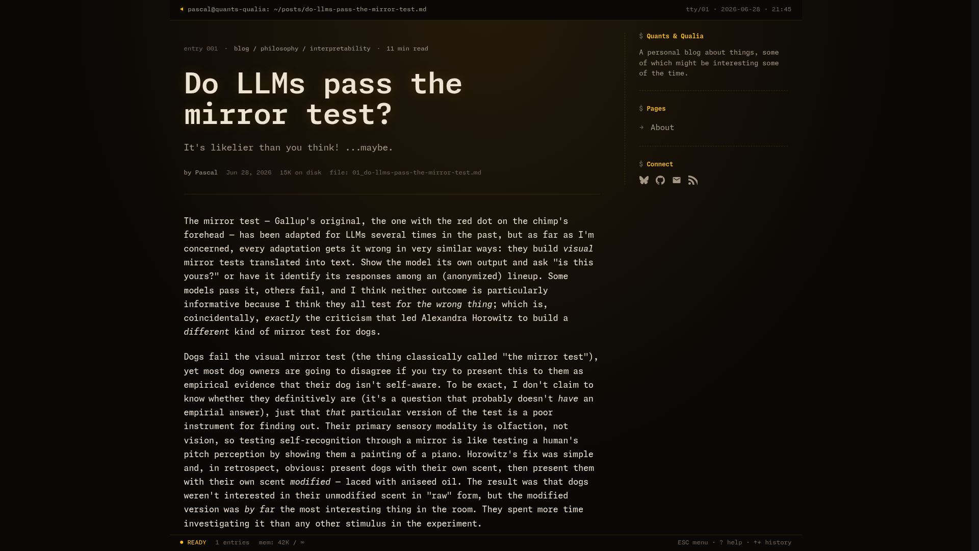 Screenshot of blog.pascalschuster.de: Do LLMs pass the mirror test?