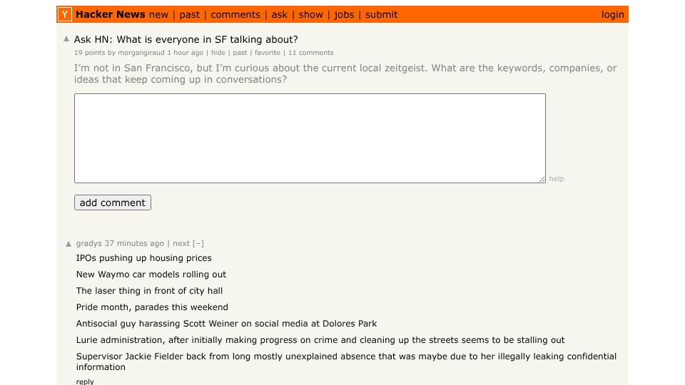 Screenshot of Hacker News post: Ask HN: What is everyone in SF talking about?