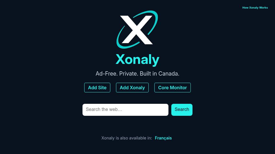 Screenshot of xonaly.com: Xonaly – Canada's Independent Search Engine