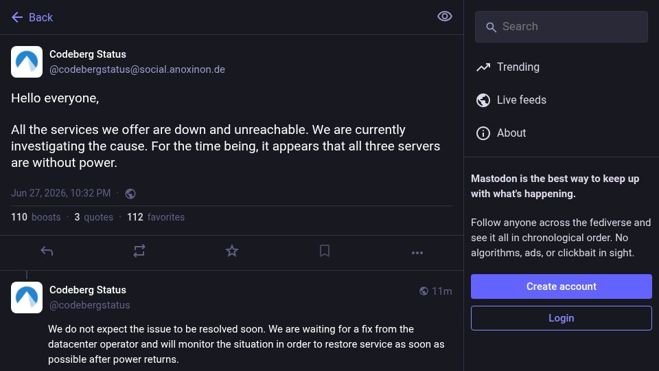 Screenshot of social.anoxinon.de: Codeberg Is Down