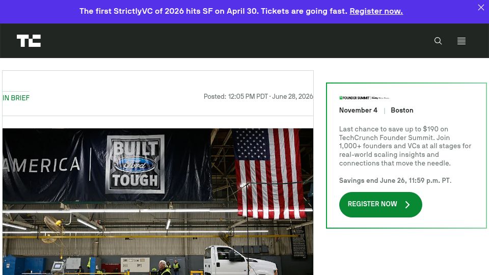 Screenshot of techcrunch.com: Ford rehires 'gray beard' engineers after AI falls short