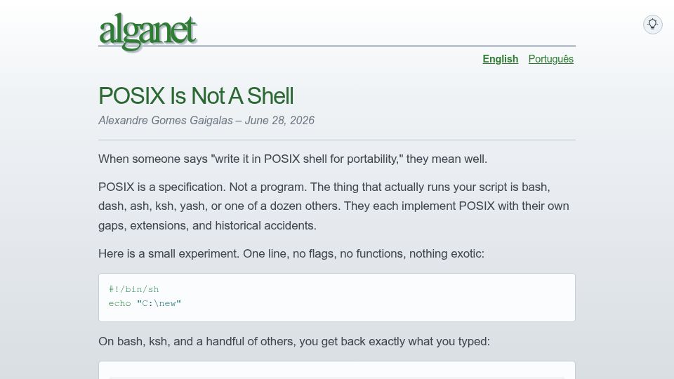Screenshot of alganet.github.io: POSIX Is Not a Shell
