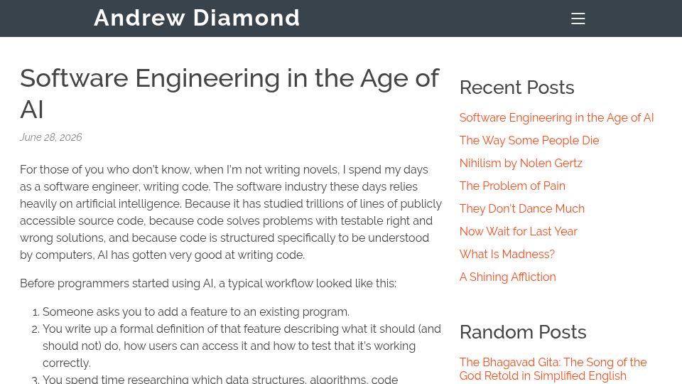 Screenshot of adiamond.me: Reflections on software engineering in the age of AI