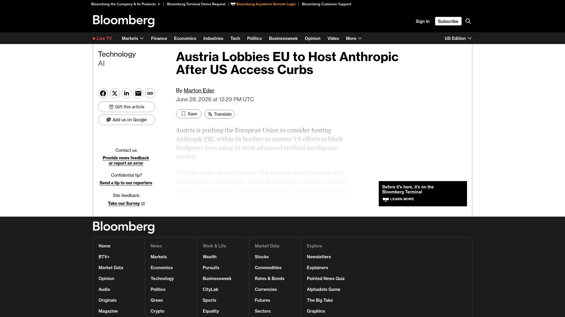 Screenshot of bloomberg.com: Austria Lobbies EU to Host Anthropic After US Access Curbs
