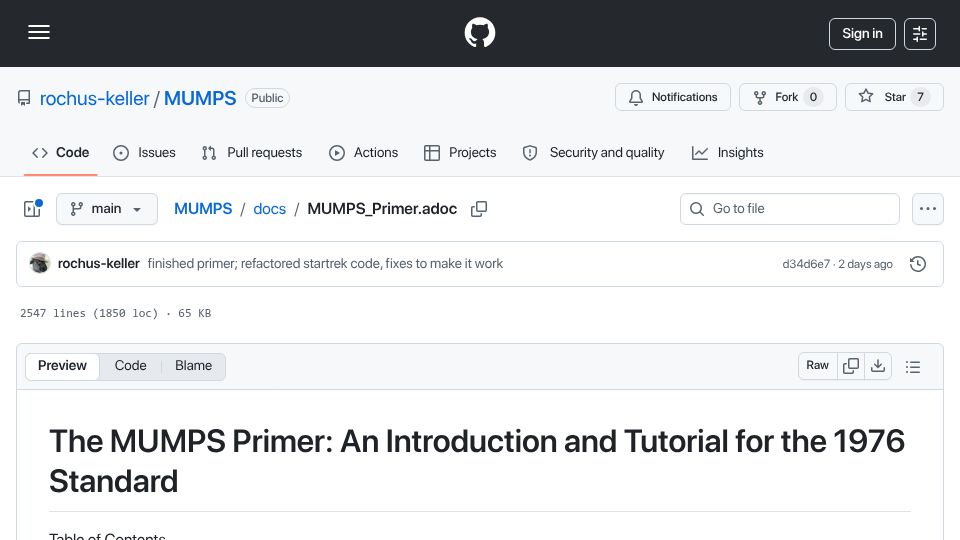 Screenshot of github.com: The MUMPS 76 Primer – anniversary edition