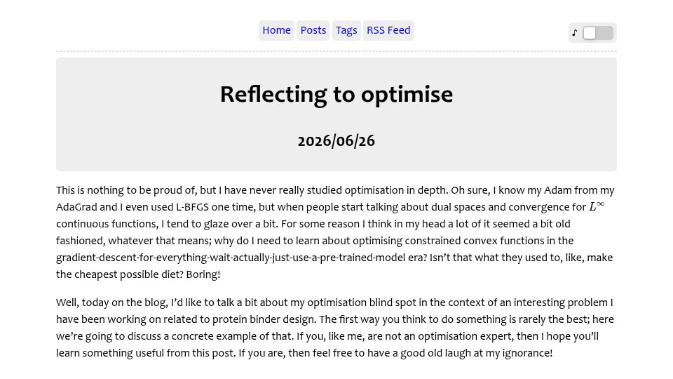 Screenshot of magnusross.github.io: Reflecting to optimise