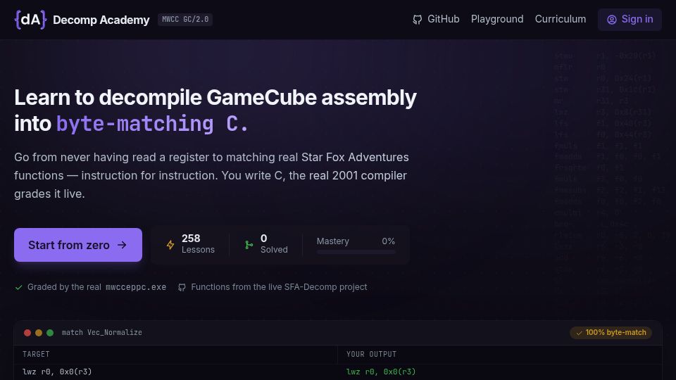Screenshot of decomp-academy.dev: Show HN: Decomp Academy – Learn to decompile GameCube games into matching C