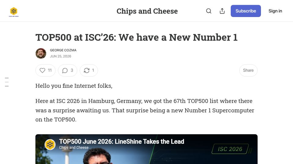 Screenshot of chipsandcheese.com: TOP500 at ISC’26: We have a New Number 1 Supercomputer