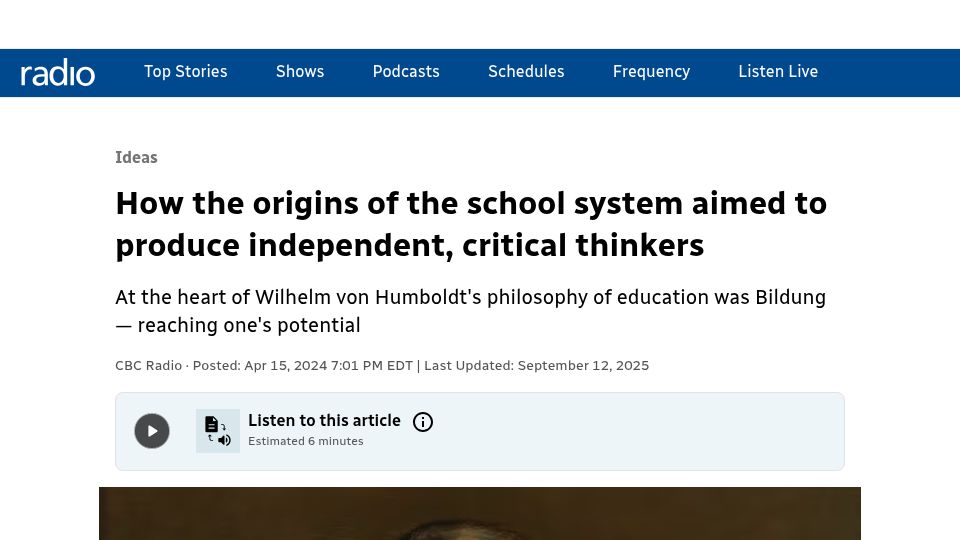 Screenshot of cbc.ca: The origins of the school system aimed to produce independent, critical thinkers (2024)
