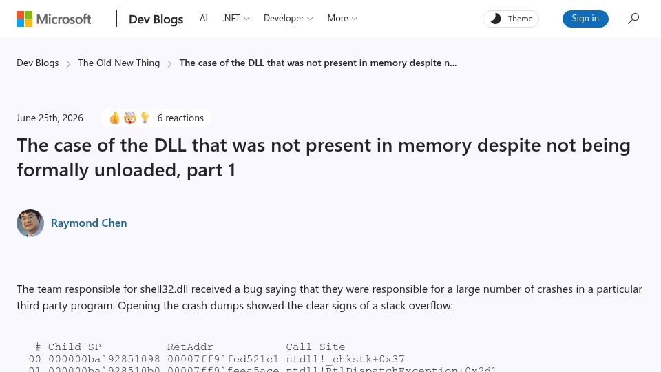 Screenshot of devblogs.microsoft.com: DLL that was not present in memory despite not being formally unloaded