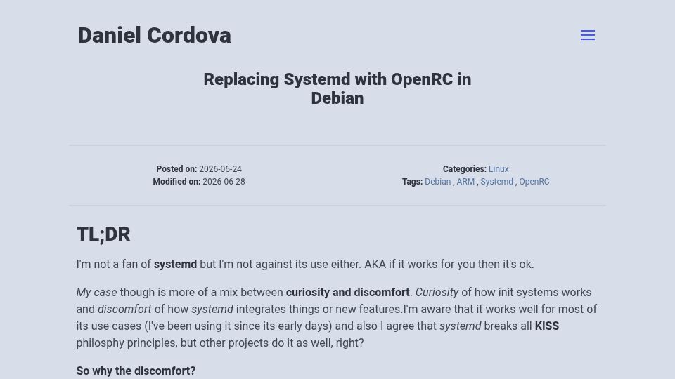 Screenshot of danielcordova.me: Replacing Systemd with OpenRC in Debian