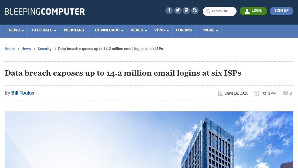 Screenshot of bleepingcomputer.com: Data breach exposes up to 14.2M email logins at six ISPs