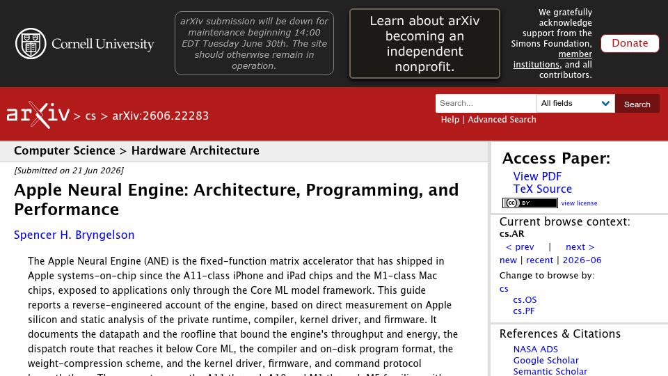 Screenshot of arxiv.org: Apple Neural Engine: Architecture, Programming, and Performance