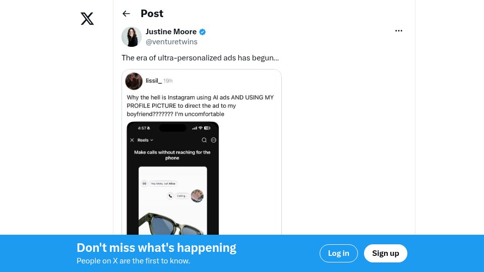 Screenshot of twitter.com: Instagram is incorporating users' photos in ads for Meta Glasses