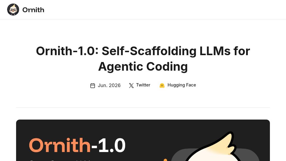 Screenshot of deep-reinforce.com: Ornith-1.0: Self-scaffolding LLMs for agentic coding