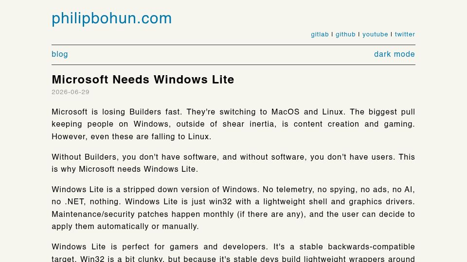 Screenshot of philipbohun.com: Microsoft Needs Windows Lite