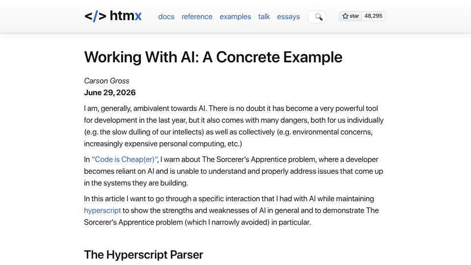 Screenshot of htmx.org: Working With AI: A concrete example