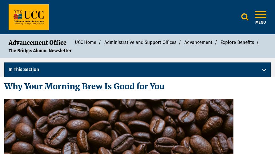 Screenshot of ucc.ie: Caffeinated and decaffeinated coffee lower stress, depression and impulsivity