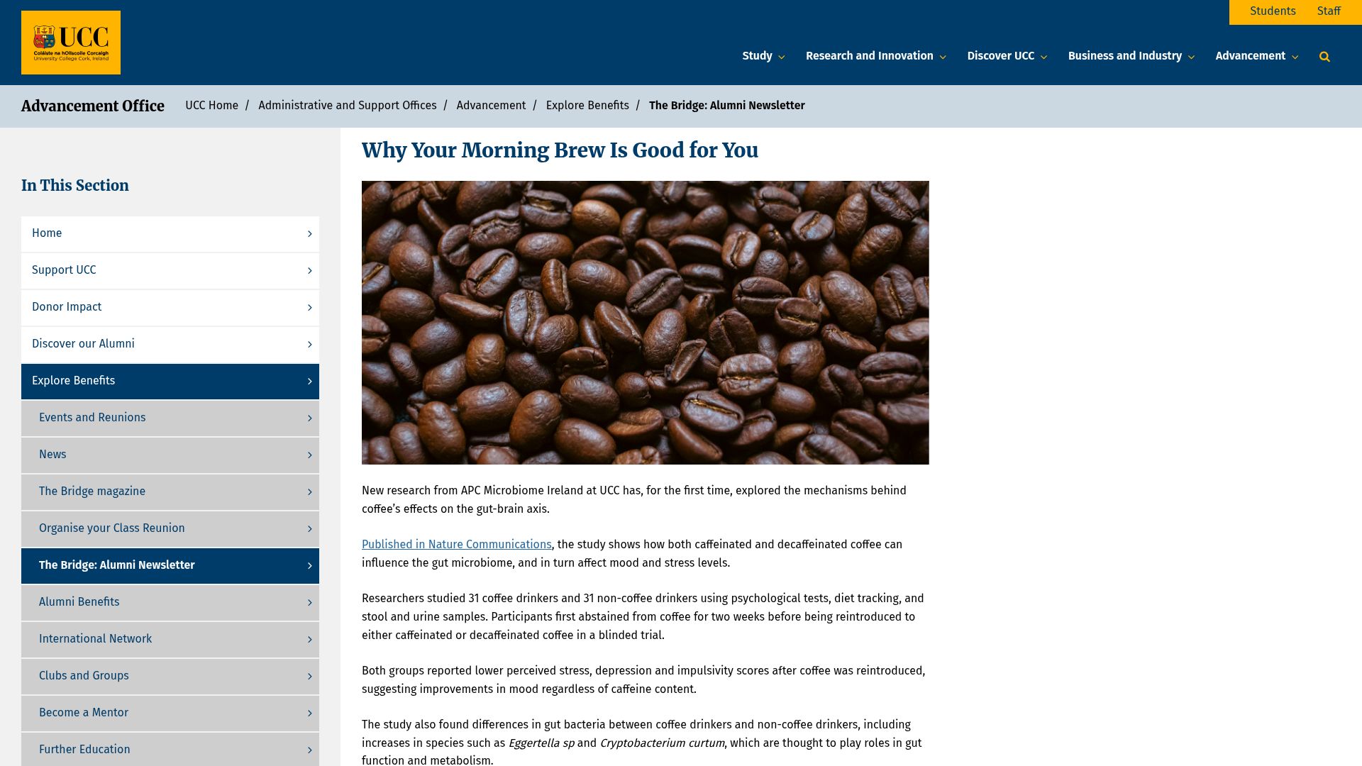 Screenshot of ucc.ie: Caffeinated and decaffeinated coffee lower stress, depression and impulsivity