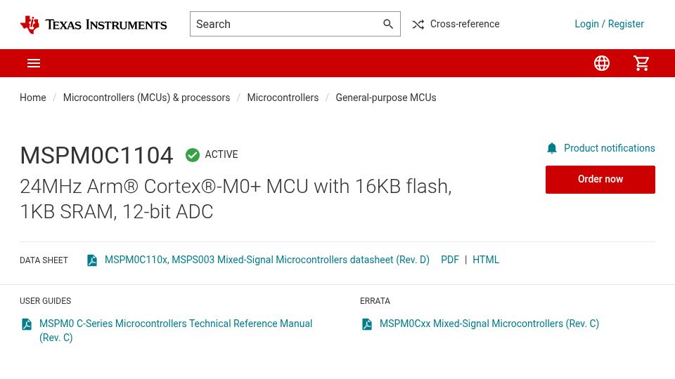 Screenshot of ti.com: 1.38 Millimeter Microcontroller