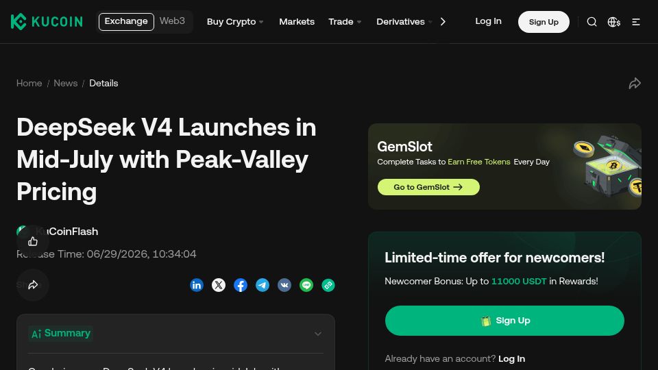 Screenshot of kucoin.com: DeepSeek V4 Peak Valley Pricing Change