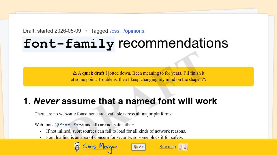 Screenshot of chrismorgan.info: Font-Family Recommendations