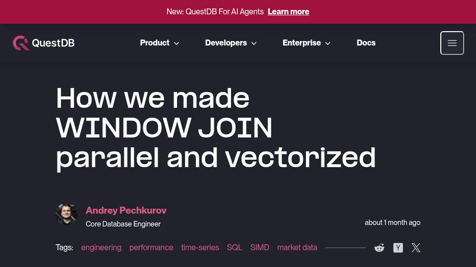 Screenshot of questdb.com: How we made WINDOW JOIN parallel and vectorized