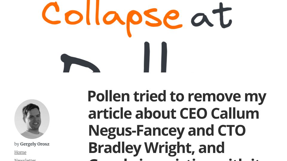 Screenshot of blog.pragmaticengineer.com: Pollen tried to remove my article and Google is assisting with it