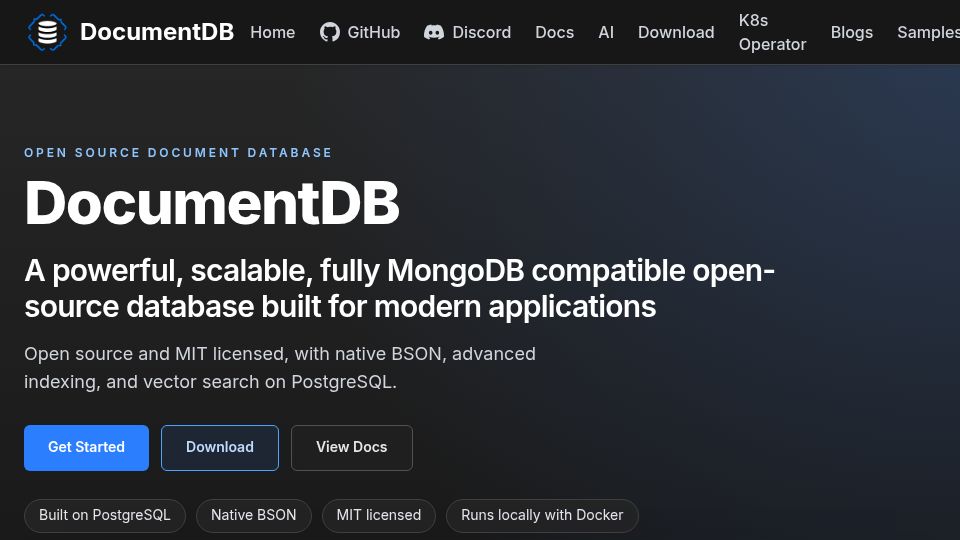 Screenshot of documentdb.io: DocumentDB – a MongoDB compatible open-source database