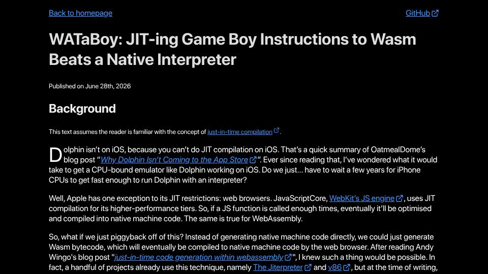 Screenshot of humphri.es: WATaBoy: JIT-Ing Game Boy Instructions to WASM Beats a Native Interpreter