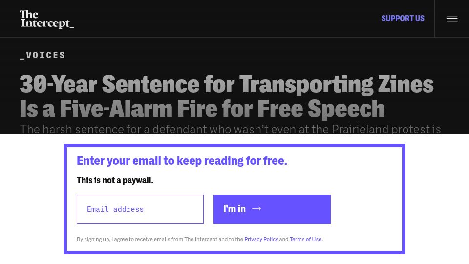 Screenshot of theintercept.com: 30-year sentence for transporting zines is a five-alarm fire for free speech