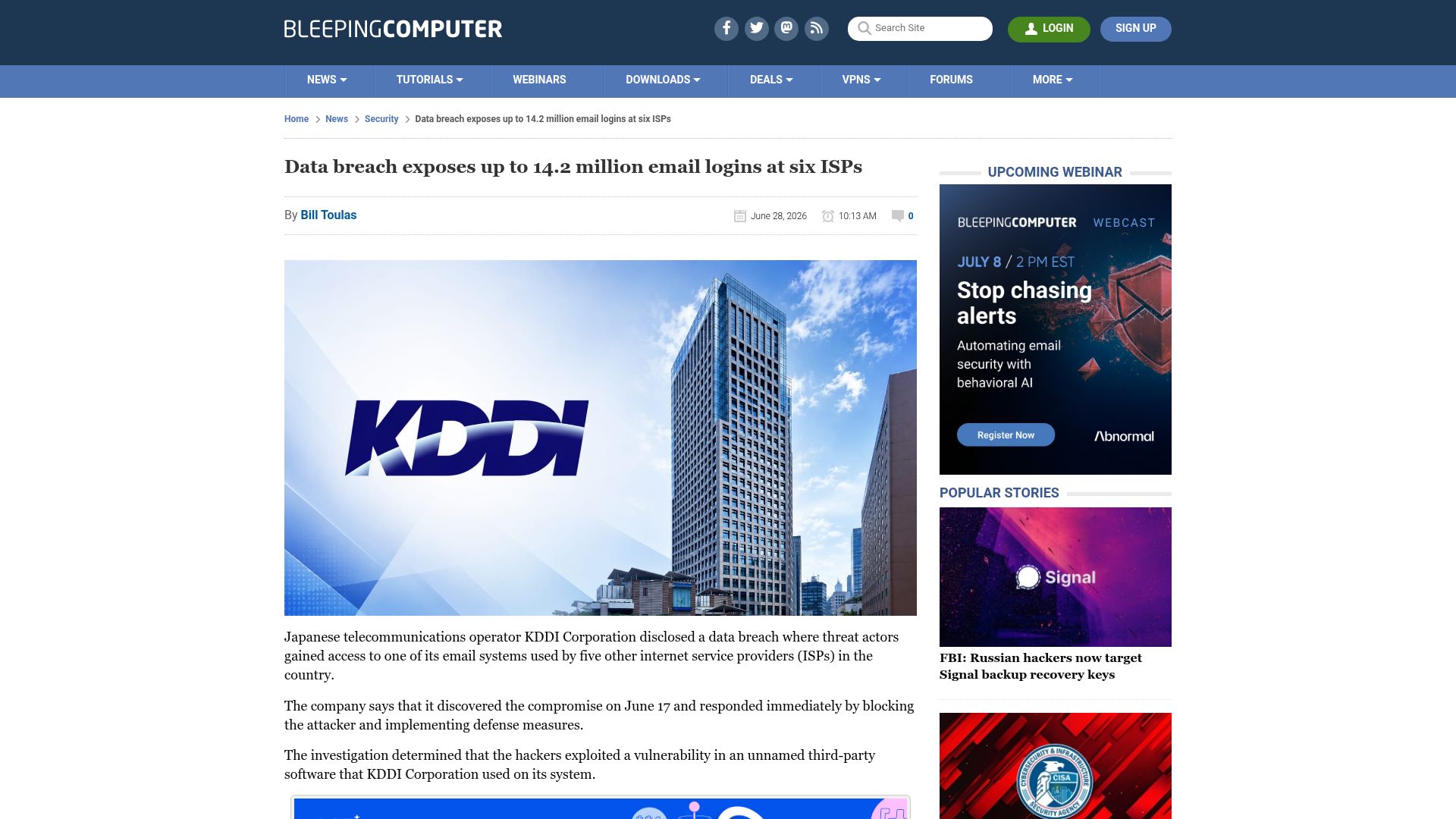 Screenshot of bleepingcomputer.com: Data breach exposes up to 14.2M email logins at six ISPs