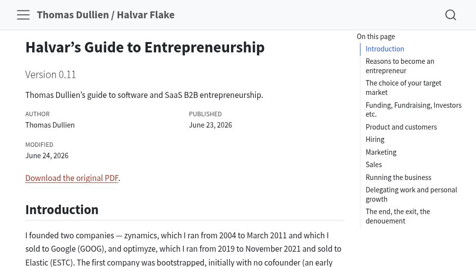 Screenshot of thomasdullien.github.io: Halvar's Guide to Entrepreneurship