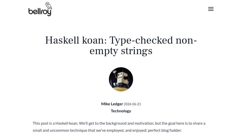 Screenshot of exploring-better-ways.bellroy.com: Type-checked non-empty strings