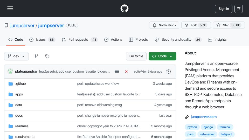 Screenshot of github.com: JumpServer: Open-Source Privileged Access Management