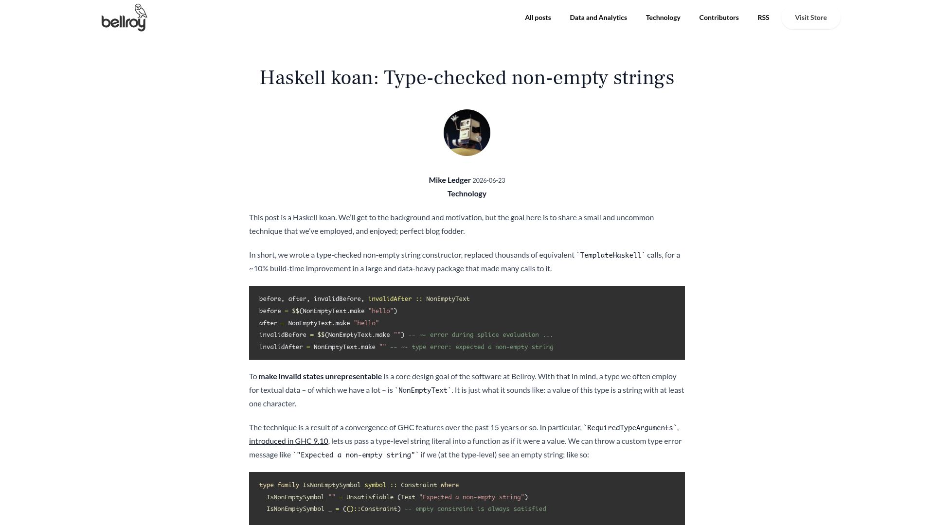 Screenshot of exploring-better-ways.bellroy.com: Type-checked non-empty strings