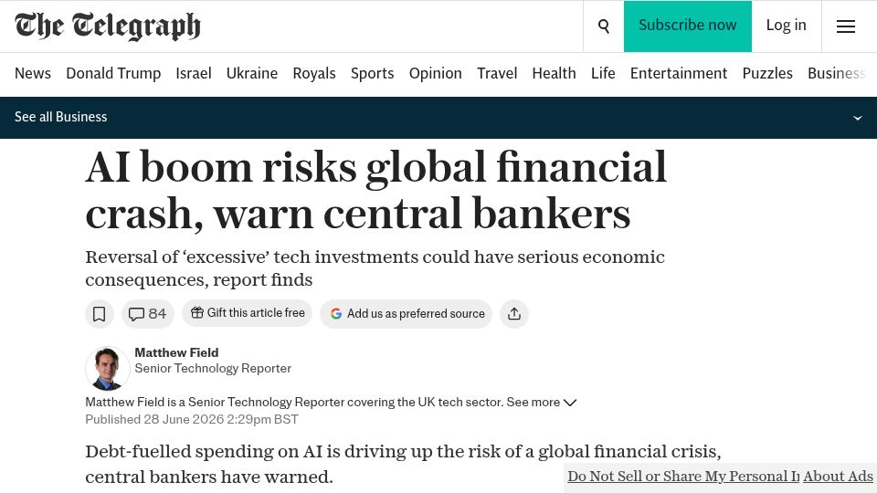 Screenshot of telegraph.co.uk: AI boom risks global financial crash, warn central bankers