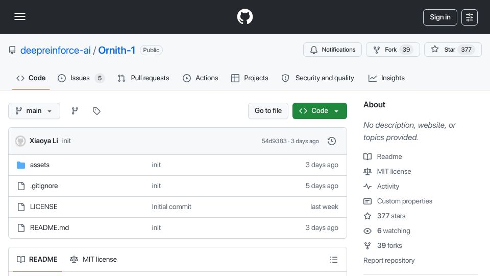 Screenshot of github.com: Ornith-1.0: self-improving open-source models for agentic coding