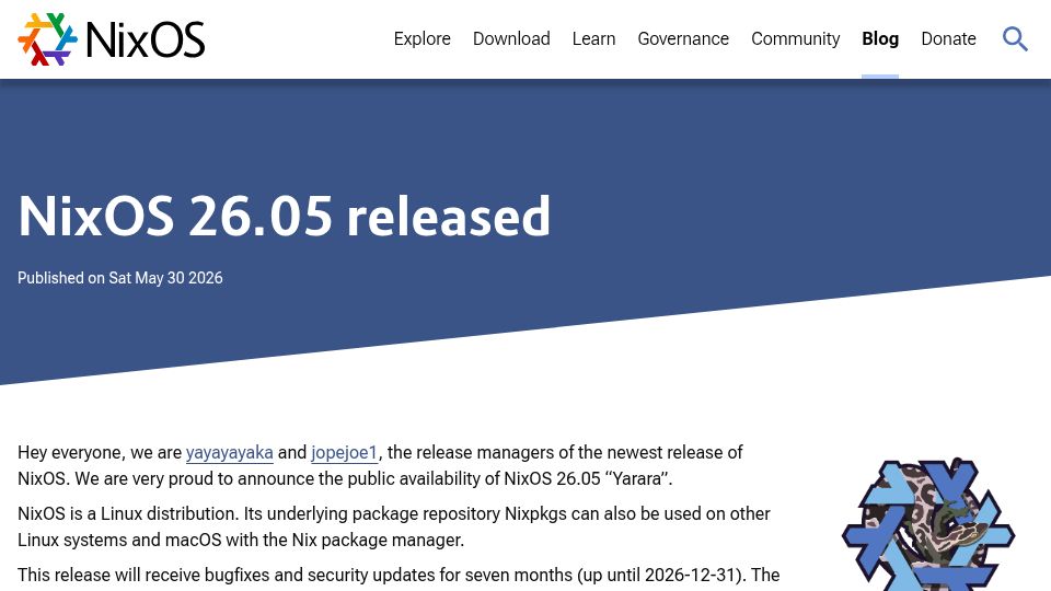 Screenshot of nixos.org: NixOS 26.05