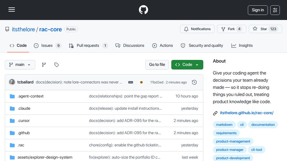 Screenshot of github.com: Lore – Give your coding agent the decisions your team made