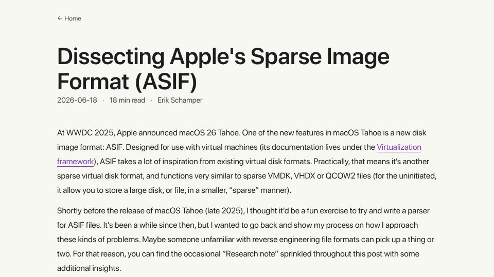 Screenshot of schamper.dev: Dissecting Apple's Sparse Image Format (ASIF)