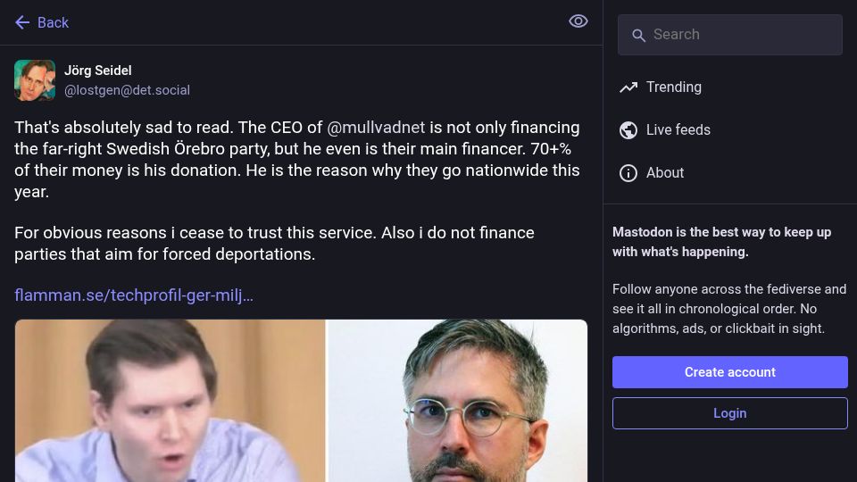 Screenshot of det.social: The CEO of Mullvad is the main financer of the Swedish Örebro party