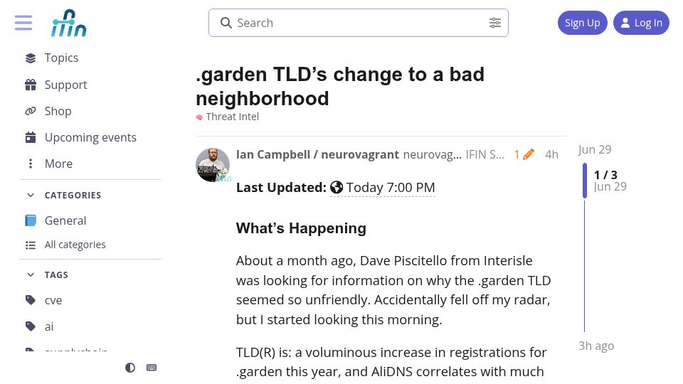 Screenshot of discourse.ifin.network: .garden TLD's change to a bad neighborhood