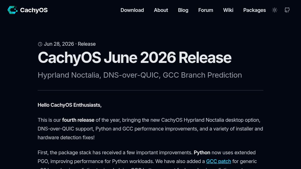 Screenshot of cachyos.org: CachyOS June 2026 Release