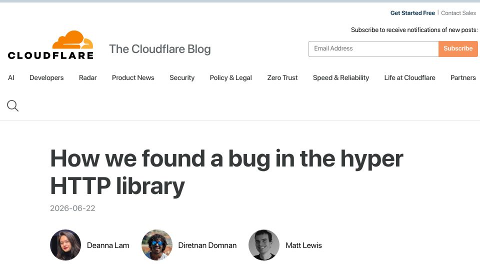 Screenshot of blog.cloudflare.com: We found a bug in the hyper HTTP library
