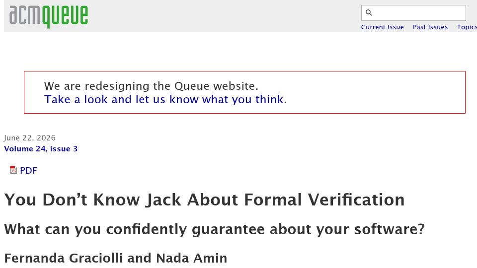 Screenshot of queue.acm.org: What can you confidently guarantee about your software?
