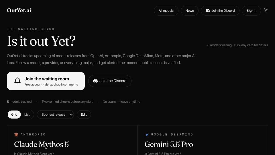 Screenshot of outyet.ai: Is It Out Yet?